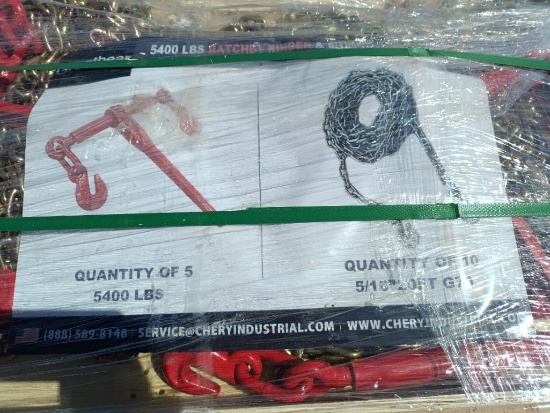 (5) Unused Greatbear Ratchet Binders and (10) 5/16'' 20ft Chains