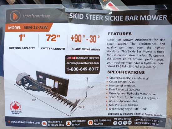 Unused Wolverine SBM-12-72W Skid Steer Sickle Bar Mower