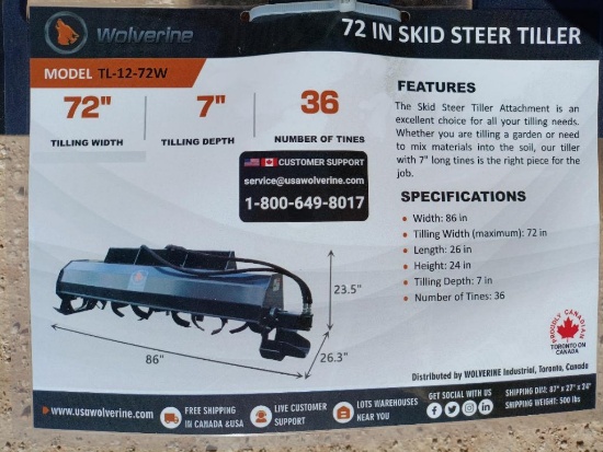 Unused Wolverine TL-12-72W Skid Steer Rotary Tiller