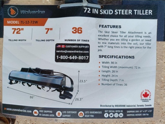 Unused Wolverine TL-12-72W Skid Steer Rotary Tiller