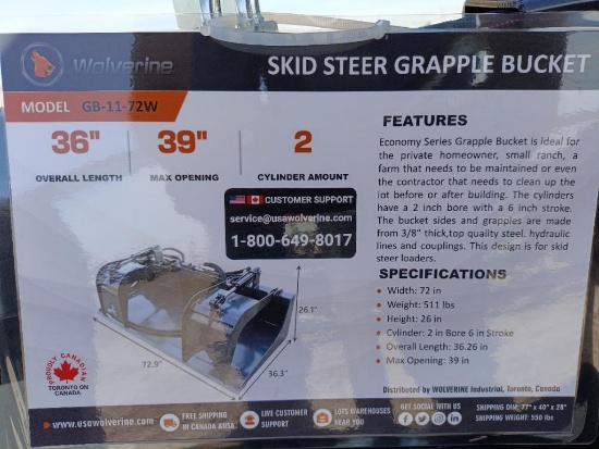 Unused Wolverine GB-11-72W Skid Steer Grapple Bucket