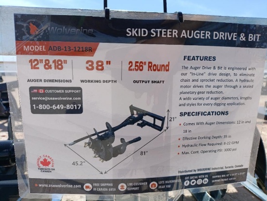 Unused Wolverine ADB-13-1218R Skid Steer Auger Drive w/(2) Auger Bits