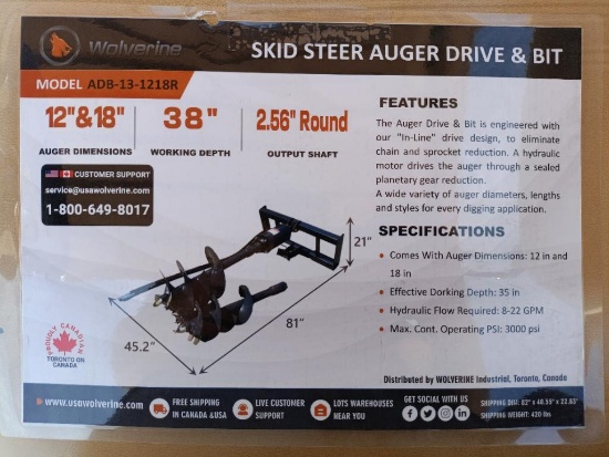 Unused Wolverine ADB-13-1218R Skid Steer Auger Drive w/(2) Auger Bits