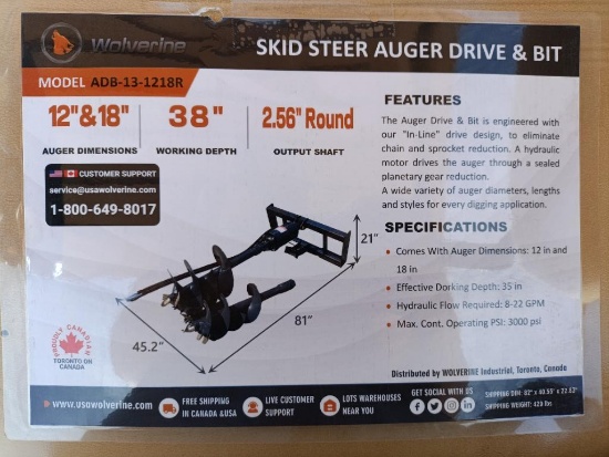 Unused Wolverine ADB-13-1218R Skid Steer Auger Drive w/(2) Auger Bits