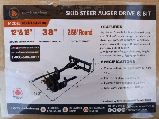 Unused Wolverine ADB-13-1218R Skid Steer Auger Drive w/(2) Auger Bits