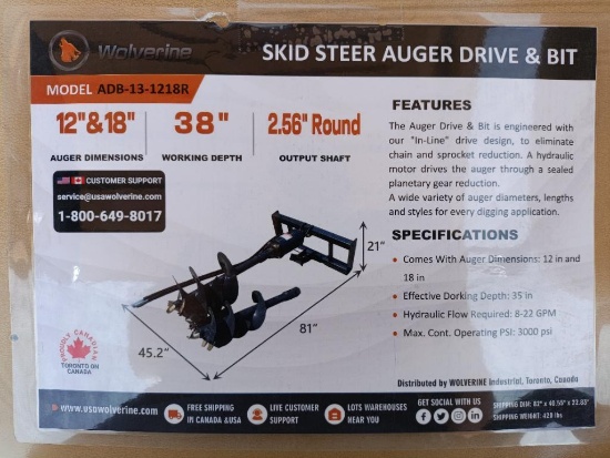 Unused Wolverine ADB-13-1218R Skid Steer Auger Drive w/(2) Auger Bits