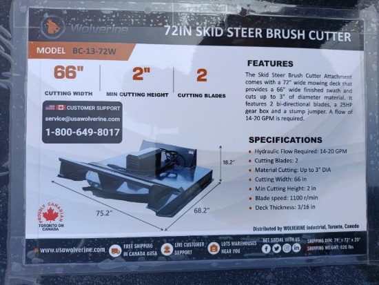 Unused Wolverine BC-13-72W Skid Steer Brush Cutter