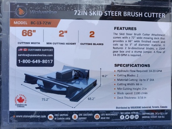 Unused Wolverine BC-13-72W Skid Steer Brush Cutter