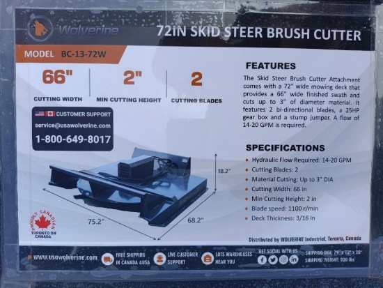 Unused Wolverine BC-13-72W Skid Steer Brush Cutter