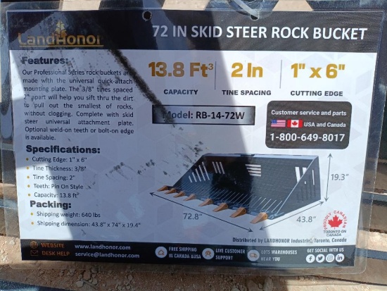 Unused Landhonor RB-14-72W Skid Steer Rock Bucket