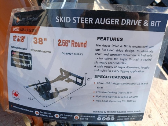 Unused Wolverine ADB-13-1218R Skid Steer Auger Drive w/(2) Auger Bits