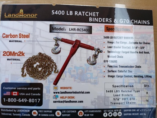 (8) Unused Landhonor Ratchet Binders and (16) 5 1/6'' 20ft Chains