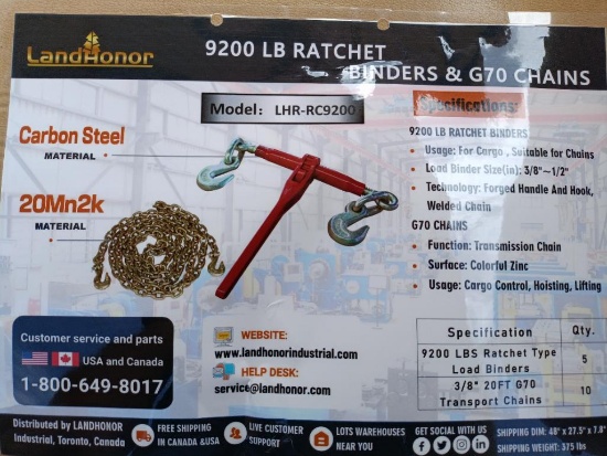 (5) Unused Landhonor Ratchet Binders and (10) 3/8'' 20ft Chains