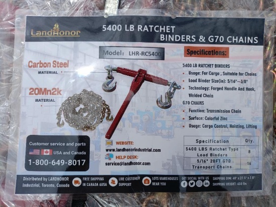 (8) Unused Landhonor Ratchet Binders and (16) 5 1/6'' 20ft Chains