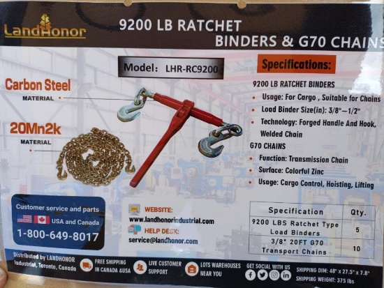 (5) Unused Landhonor Ratchet Binders and (10) 3/8'' 20ft Chains