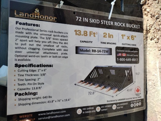 Unused Land Honor 72'' Skid Steer Rock Bucket