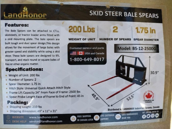 Unused Land Honor Skid Steer Bale Spears