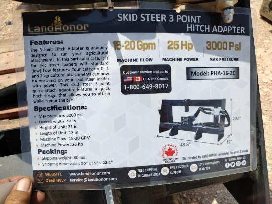 Unused Landhonor PHA-16-2C Skid Steer 3 Point Hitch Adapter