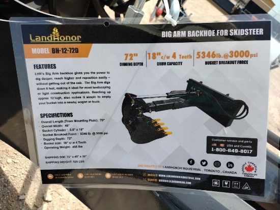 Unused Landhonor BH-12-72D Skid Steer Big Arm Backhoe