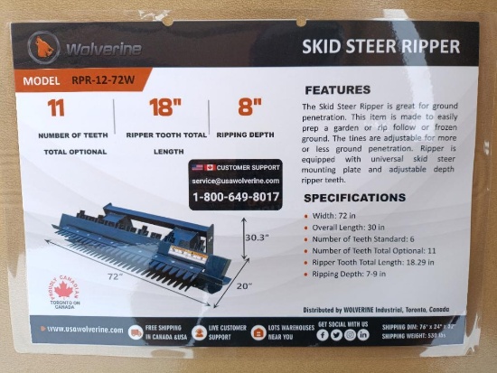 Unused Wolverine RPR-12-72W Skid Steer Ripper