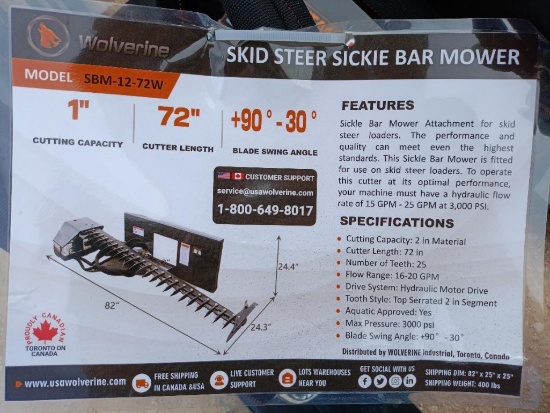 Unused Wolverine SBM-12-72W Skid Steer Sickle Bar Mower