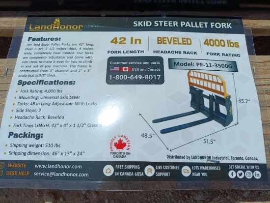 Unused Landhonor PF-11-3500G Skid Steer Pallet Fork