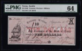 1862 $10 Treasury Warrant Austin, Texas Obsolete Note PMG Choice Uncirculated 64