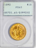 1892 $10 Liberty Head Eagle Gold Coin PCGS MS60 Old Green Rattler