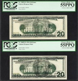 (2) Consec. 1996 $20 Federal Reserve Offset ERROR Notes PCGS Choice About New 55
