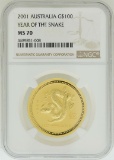 2001 $100 Australia Year of the Snake Gold Coin NGC MS70