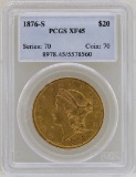 1876-S $20 Liberty Head Double Eagle Gold Coin PCGS XF45