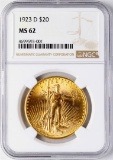 1923-D $20 St. Gaudens Double Eagle Gold Coin NGC MS62