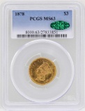1878 $3 Indian Princess Head Gold Coin PCGS MS63 CAC