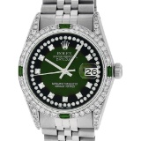 Rolex Mens Stainless Steel Green Vignette Diamond & Emerald Datejust Wristwatch