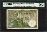 1912-27 Belgian Congo Banque du Congo Belge 20 Francs Bank Note PMG Very Fine 25