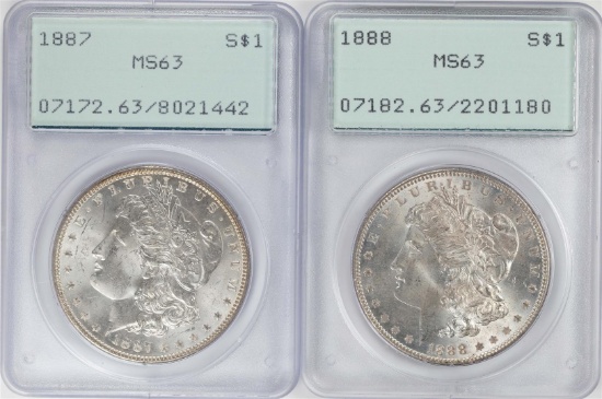 Lot of 1887-1888  $1 Morgan Silver Dollar Coins PCGS MS63 Old Green Rattler