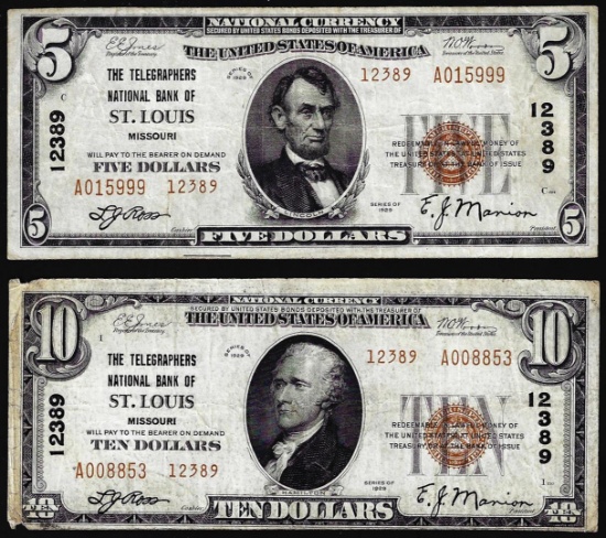 Set of 1929 $5/$10 St. Louis, MO CH# 12389 National Currency Notes
