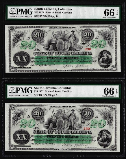 Matching Low Serial 1872 $20 South Carolina Obsolete Notes PMG Gem Uncirculated 66EPQ
