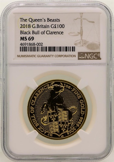 2018 Great Britain 100 Pounds Black Bull of Clarence Gold Coin NGC MS69