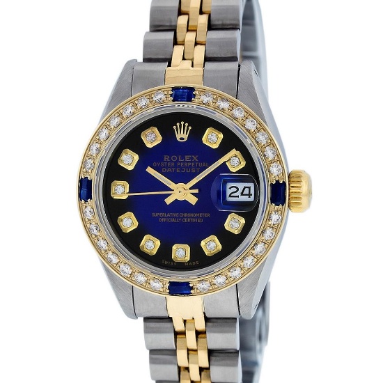 Rolex Ladies Two Tone Diamond & Sapphire Oyster Perpetual Datejust Wristwatch