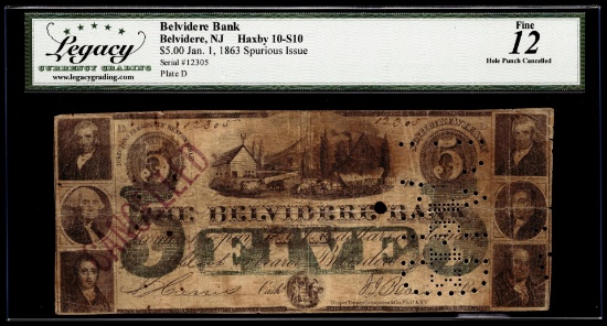 1863 $5 Belvidere Bank Belvidere, NJ Haxby 10-S10 Obsolete Note Legacy Fine 12