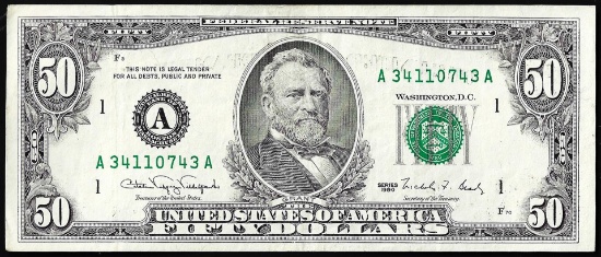 1990 $50 Federal Reserve Note Boston Minor Offset Error