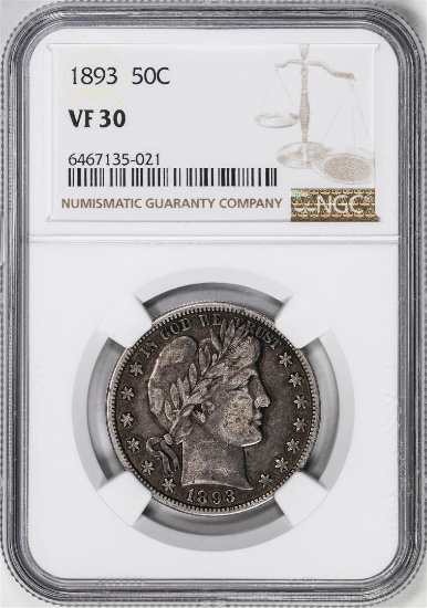 1893 Barber Half Dollar Coin NGC VF30