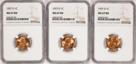 Lot of (3) 1937-D Lincoln Wheat Cent Coins NGC MS67RD