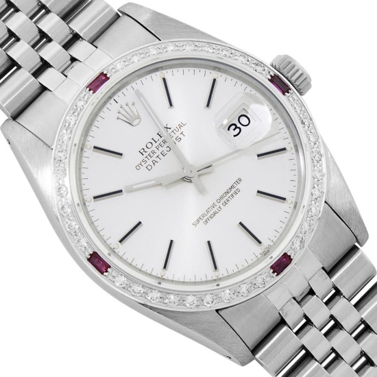 Rolex Mens Stainless Steel Silver Index Ruby and Diamond Datejust ...