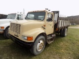 1990 International 4900 6-Speed Single Axle Stake Dump Truck, White/Red, Vi