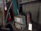 Old Time Clock, Old Wall MF Service Desk, Gas Can & Bottle Jack