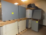 (3) Pallets of Blue & Gray Cabinet Shelving & Soundproof Curtain