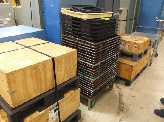 IBM Pallet w/ Misc. Plastic Parts Trays and 4 Misc Wood/Plastic Shipping Pa