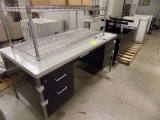 4 Desks, Printer Stand, Wire Rack & Tub of Printer Supplies